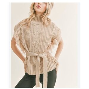SAGE Womens Tan Knit Poncho Sweater Mock Neck Fringe Belted Cable Knit M